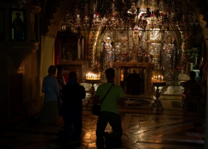 inside the holy sepulchre on holy land pilgrimage tour