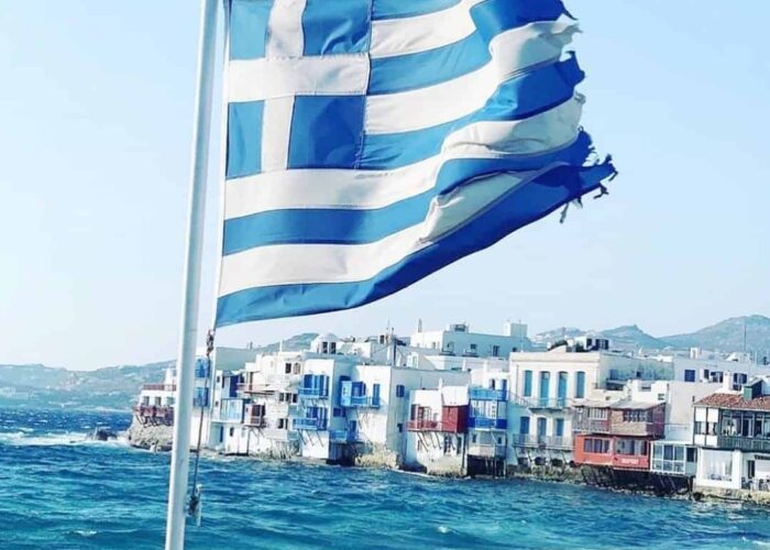 Greece Flag on Mykonos pilgrimage tour st paul
