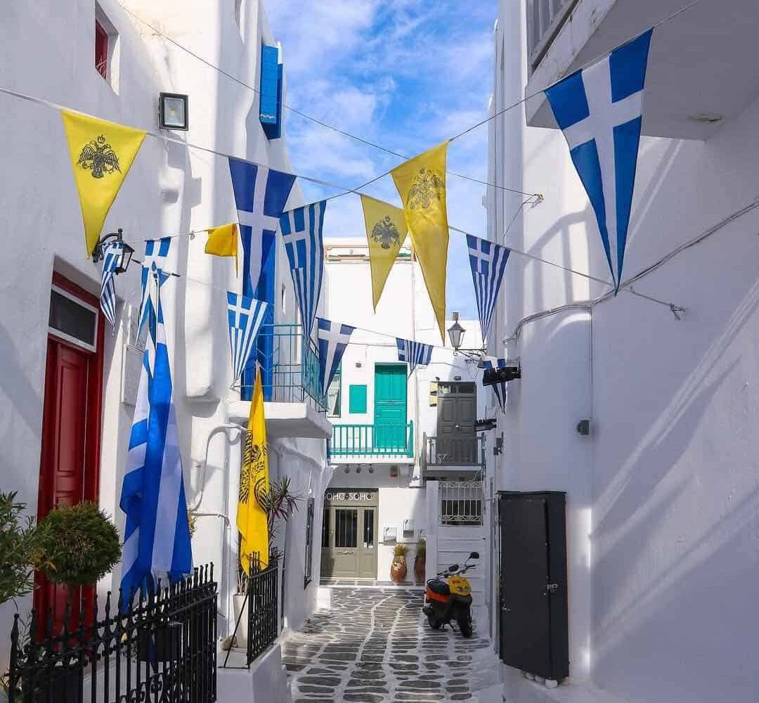 flags flying at Mykonos greece pilgrimage tour st Paul