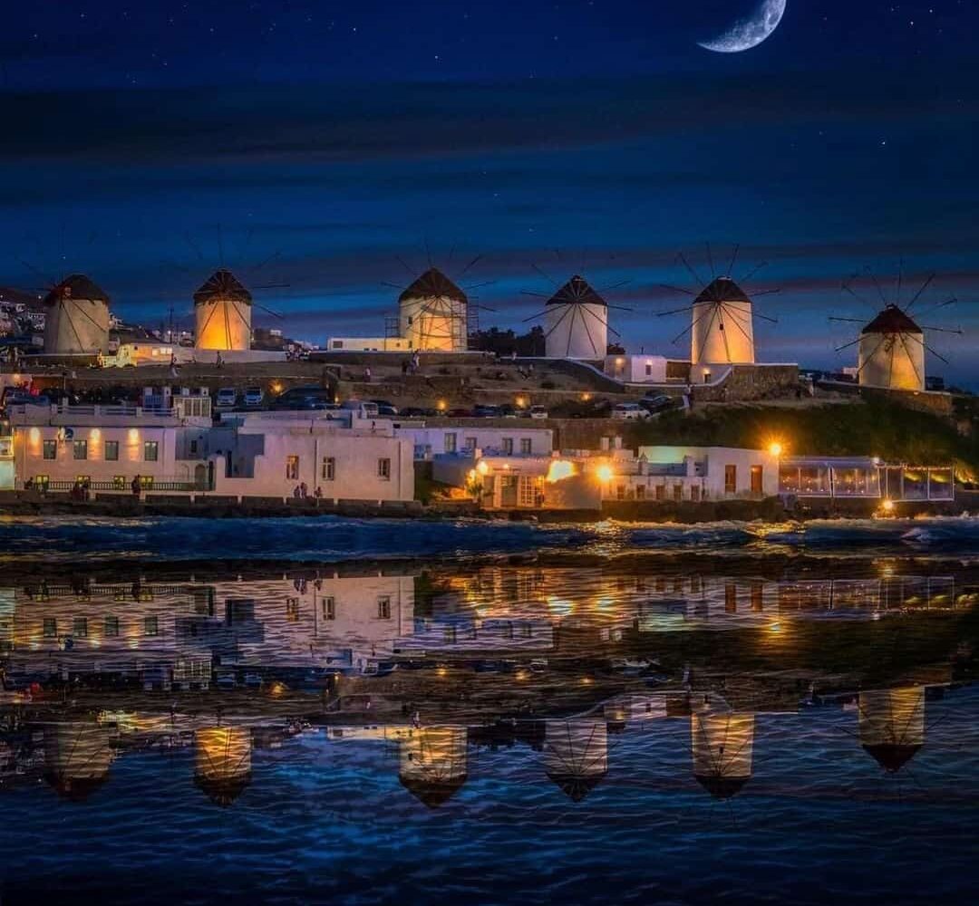 Mykonos night windmills greece pilgrimage tour