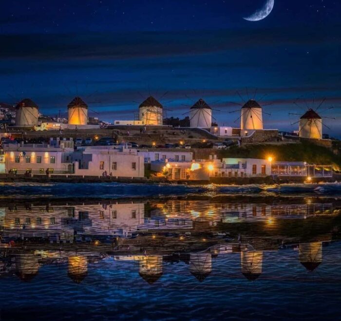 Mykonos night windmills greece pilgrimage tour
