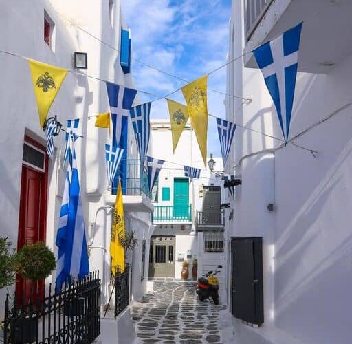 mykonos street flags pilgrimage